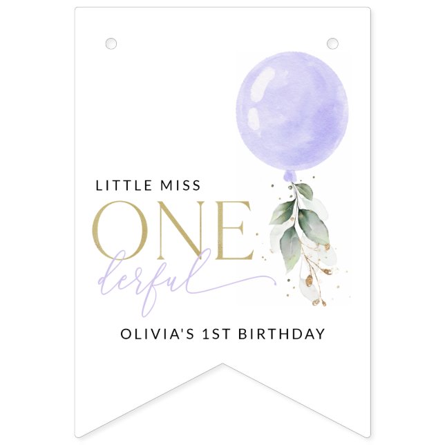 Bandeirinha Balão Roxo, Verde, Folhagem, Primeiro Aniversário (Primeira Bandeira)