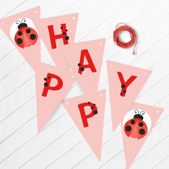 Bandeirinha Banner de Aniversário da Joaninha Rosa (Ladybug Happy Birthday Hanging Banner in Red, Black, White and Salmon Pink)