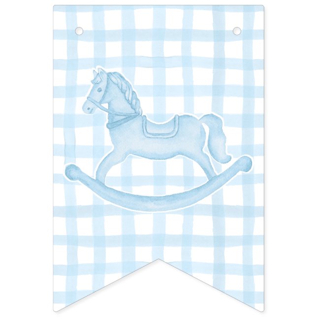 Bandeirinha Banner de bebê Gingham Boy Cavalo Azul (Primeira Bandeira)