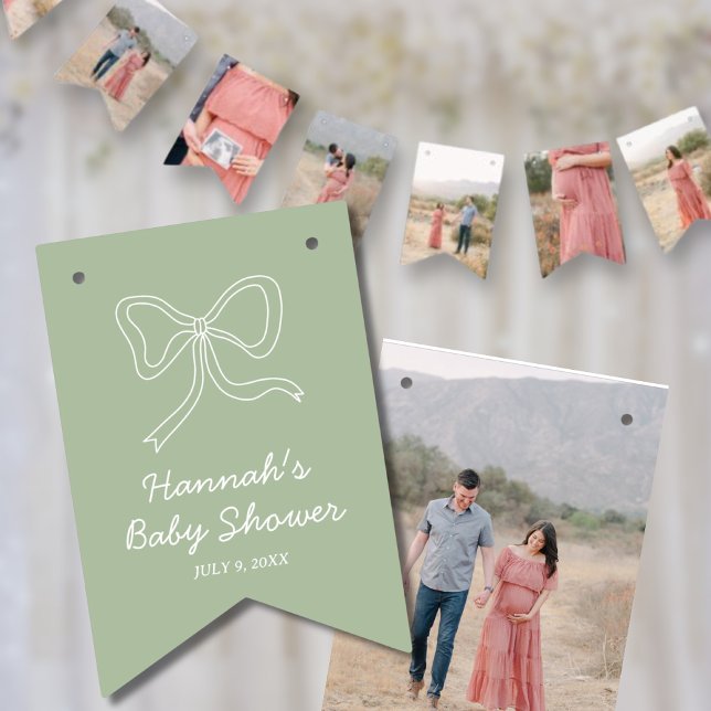 Bandeirinha Banner de Fotografias do Chá de fraldas Personaliz (Sage Green Personalized Baby Shower Photo Banner)