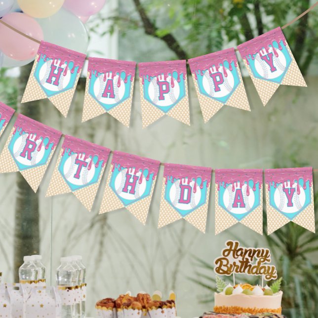 Bandeirinha Baseball Drip Happy Birthday (Baseball Drip Happy Birthday Bunting Banner
)