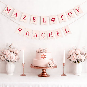 Bandeirinha Bat Mitzvah Rosa Vermelho Mazel Tov Menina Nome 6 