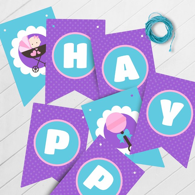 Bandeirinha Bebê Doll Feliz Aniversário Prendendo Banner (Baby Doll Birthday Hanging Happy Birthday Banner with Swallowtail Pennants)
