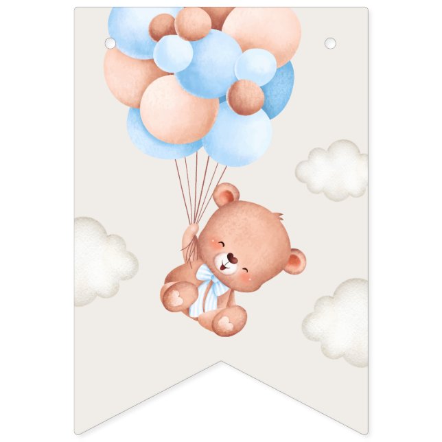 Bandeirinha Bebê Urso, Balões Azuis, Primeiro Aniversário (Primeira Bandeira)