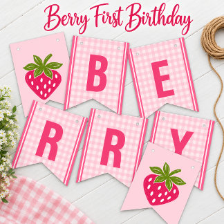 Bandeirinha Berry Sweet One Primeiro Aniversário Rosa Morango
