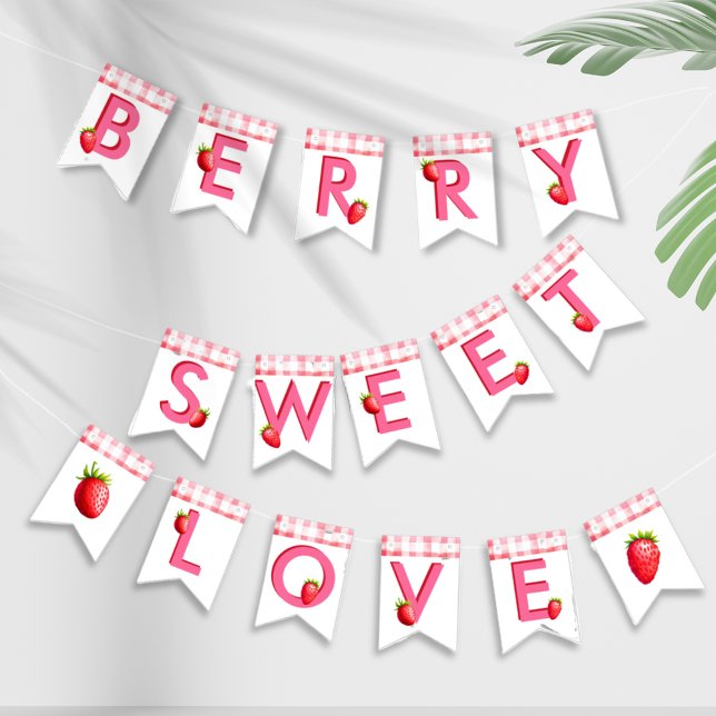 Bandeirinha Berry Sweet Strawberry Gingham Pink Red Bach (Berry Sweet Love Strawberry Gingham Country Chic flags bunting bachelorette hen party bride pink red)