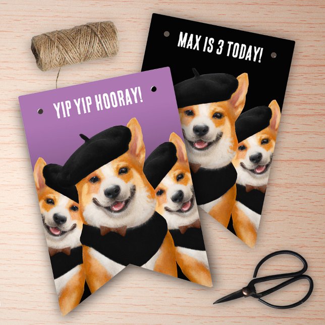 Bandeirinha Bichinho Corgis Yip Yip Hooray Feliz Aniversário (Cute Corgi Dogs "Yip Yip Hooray!" Children's Birthday Bunting Flags Cover Photo.)