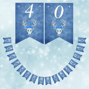 Bandeirinha Birthday Fantasy White Deer Head Rosas Mistura Azu