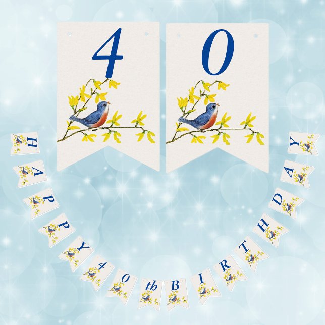 Bandeirinha BirthdayBlue Red Bird no Branch Yellow Flowers (Cute singing red blue bird on branch yellow flowers Happy birthday bunting flag party banner.)