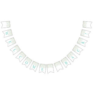 Bandeirinha Boas-vindas Banner Turquoise Dourada Confetti
