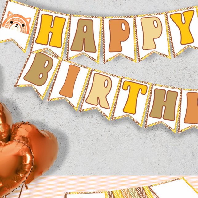 Bandeirinha Boho Rainbow Woodland Fox Retro Happy Birday (Criador carregado)