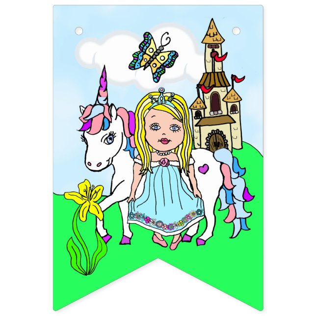 Bandeirinha Bonito Blonde Princess e Unicorn Birthday Banner (Primeira Bandeira)