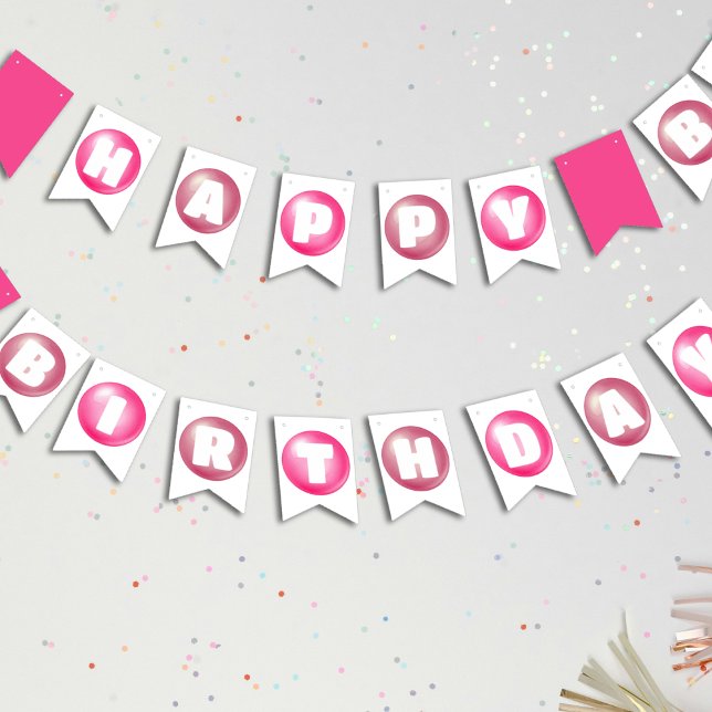 Bandeirinha Bubblegum Pink Poppin Girl Feliz Festa de Aniversá (Bubblegum Pink Poppin Girl Happy Birthday Party Bunting Flags
)