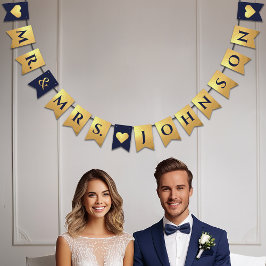 Bandeirinha Casamento Azul Marinho Corações Dourados Falso Sr.