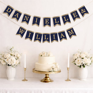 Bandeirinha Casamento Azul Marinho Dourado Nomes Rosas Vintage