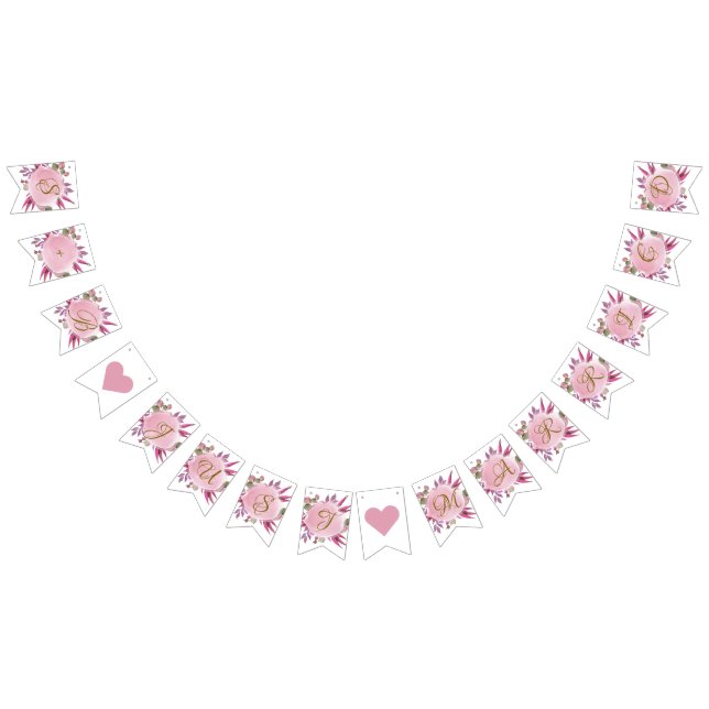 Bandeirinha Casamento Dourado Russo Floral Elegante Blush Rosa (Todos)