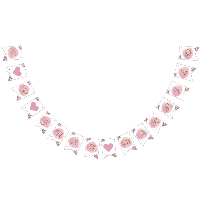 Bandeirinha Casamento Elegante Floral Elegante, Dourado, Rosa  (Todos)