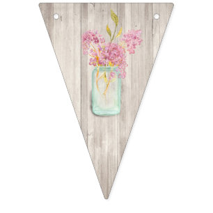 Bandeirinha Casamento Floral Rustic Woodgrain Mason Jar Pink