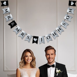 Bandeirinha Casamento Preto Falso Folheado a Prata Corações Sr