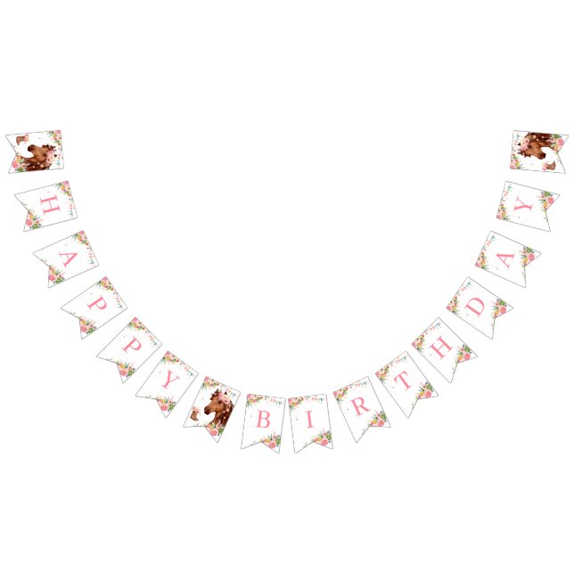 Bandeirinha Cavalo Feliz Aniversário Rapariga Rosa Saddle Pony (Todos)