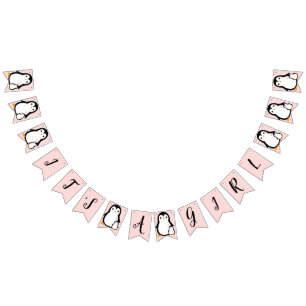 Bandeirinha Chá de fraldas Pinguim Bonito Menina Rosa