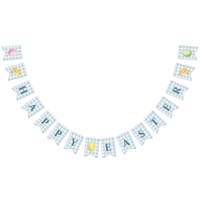 Bandeirinha Chick And Pastel Eggs Happy Easter Blue Gingham (Todos)