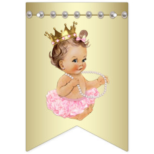 Bandeirinha Chuva de Bebê Bailarina Pérolas Rosa e Dourado