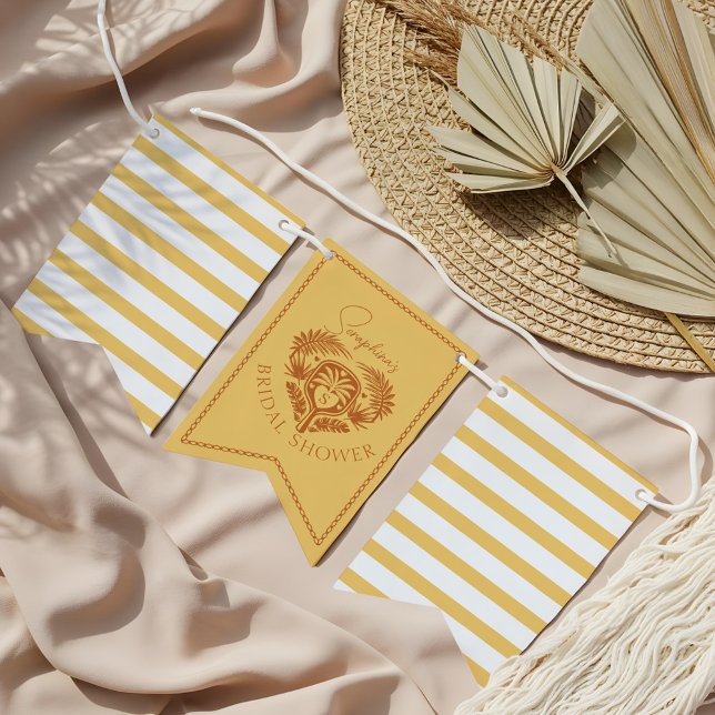 Bandeirinha Chuveiro de Noiva de Tênis com Pickleball com Palm (Retro Tropical Palm Tree Pickleball Bridal Shower Bunting Flags)