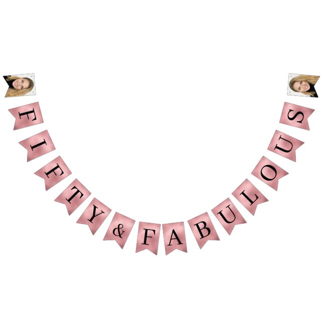 Bandeirinha Cinquenta & Fabuloso Rosa Dourado Script Aniversár (Todos)