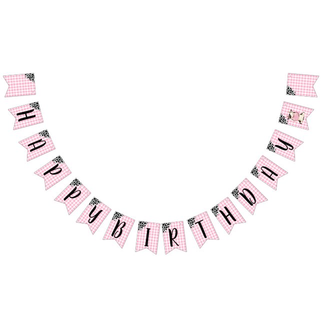 Bandeirinha Cow Print Pink Gingham Happy Birthday Banner (Todos)