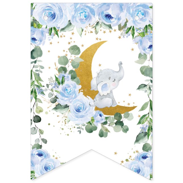 Bandeirinha Crescente Lua Azul Floral Chuveirinho de Bebê Elef (Primeira Bandeira)