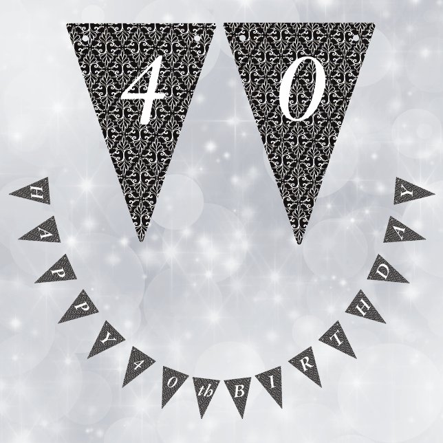 Bandeirinha Damasco de Aniversário Negro e Elegante Clássico (Elegant damask pattern with scrolls black and white on Happy Birthday bunting flag party banner.)