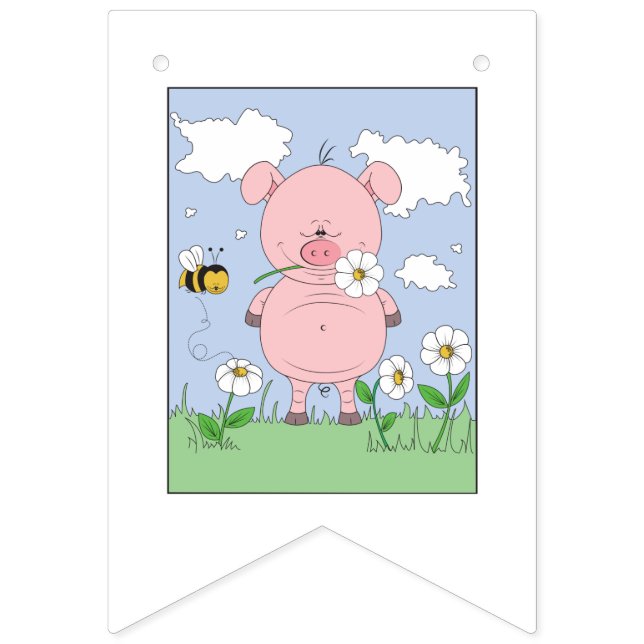 Bandeirinha Desenhos animados cor-de-rosa alegres do porco (Primeira Bandeira)