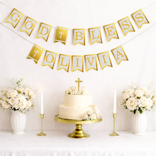 Bandeirinha Deus Abençoe 6 Letras Mármore Dourado Batismo Prim