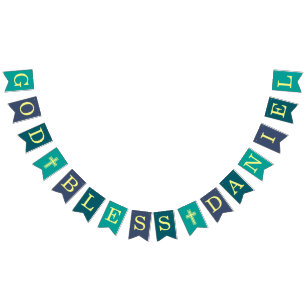 Bandeirinha Deus Abençoe 6 Letras Menino Teal Batismo Comunhão