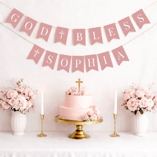Bandeirinha Deus Abençoe Dusty Rose 6 Letras Batismo Comunhão