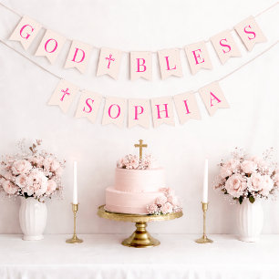 Bandeirinha Deus Abençoe Menina Rosa 6 Letras Batismo & Comunh