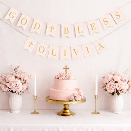 Bandeirinha Deus Abençoe Pink & Gold 6 Letras Batismo Comunhão