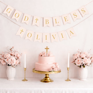 Bandeirinha Deus Abençoe Pink & Gold 6 Letras Batismo Comunhão