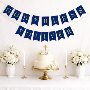 Bandeirinha Deus Abençoe Royal Blue 6 Letras Batismo Comunhão