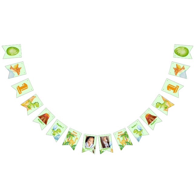 Bandeirinha Dinossauro personalizado verde com 2 fotos (Todos)