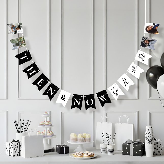 Bandeirinha Divertir-se e agora Formando a Festa de formatura  (Fun Then & Now Grad Photo Collage Graduation Party Bunting Flags)