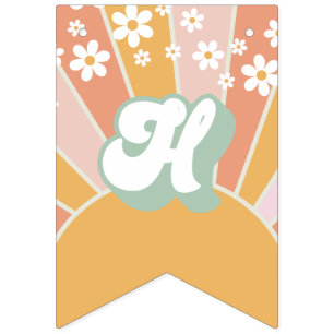 Bandeirinha Estandarte de aniversário floral boho daisy Retro