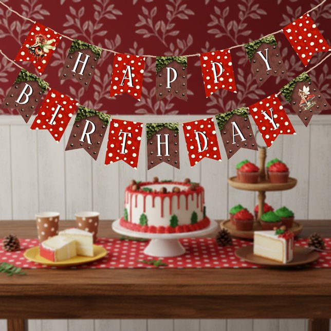 Bandeirinha Fada da Floresta Cogumelo Bolinhas Feliz Aniversár (Red and White Polka Dot Whimsical Fairy Ladybug Happy Birthday Bunting Banner)
