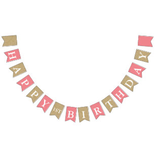 Bandeirinha Faixa de Aniversário de Um Ano com Brilho Rosa e D