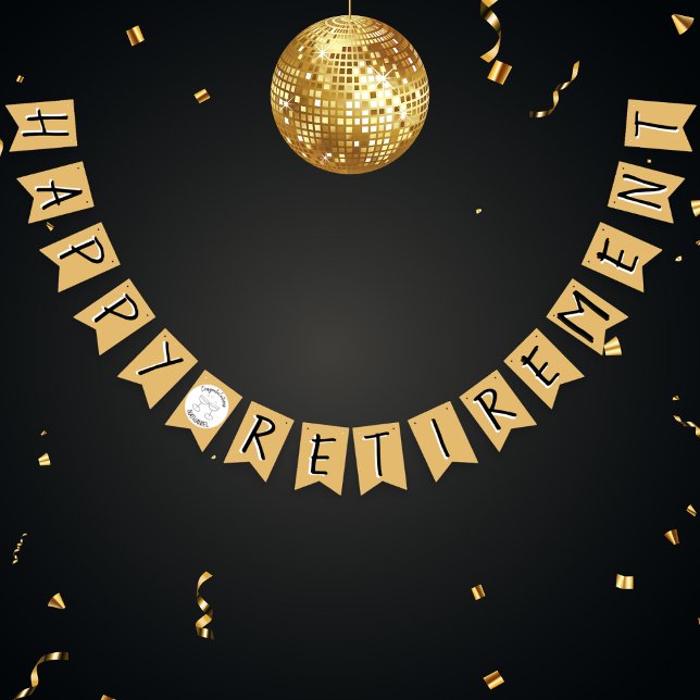 Bandeirinha Faux Dourado Parabéns Faux de Reforma Feliz (Happy Retirement bunting in faux gold, black and white. Ideal decoration for a retirement part)