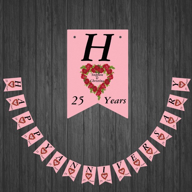 Bandeirinha Feliz Aniversário 25 Anos de Rosa vermelha Coração (Heart shaped wreath of red roses on pink on Happy Anniversary bunting flag decoration.)