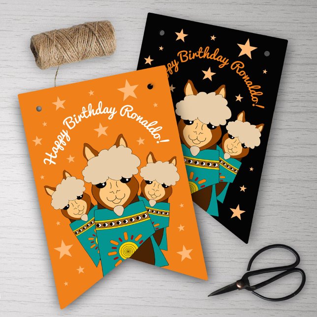 Bandeirinha Feliz Aniversário Bonito Alpacas em Serapos Teais (Cute Happy Birthday Boy Alpacas in Teal Serapes Bunting Flags Cover Photo.)