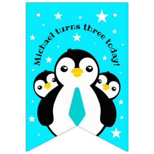 Bandeirinha Feliz Aniversário Bonito Pinguins Pescoços Azuis