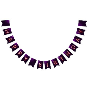 Bandeirinha Feliz aniversário brilhando luzes neon em roxo esc